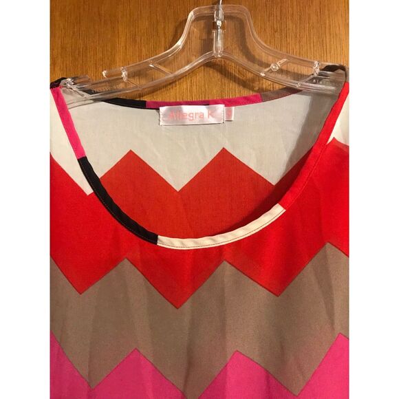 Allegra K Blouse Women's Medium Sheer Tan Red White Pink Black Zig Zag Print - Picture 4 of 4